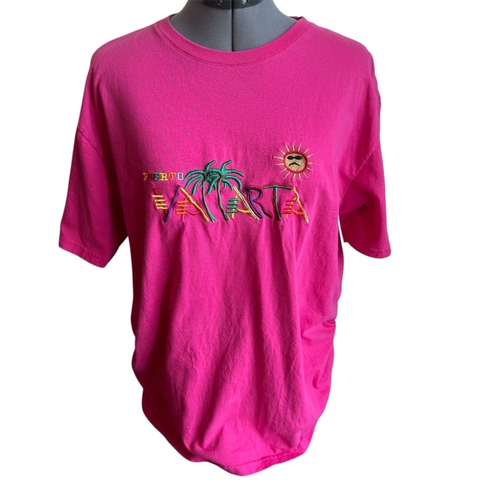 Puerto Vallarta Embroidered Graphic Tee Pink Tropical Vacation Vintage Shirt